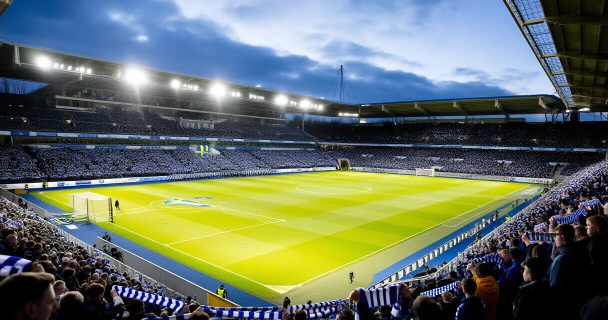 Jalkapallostadion ilta-auringossa katsomot täynnä sinivalkoisia faneja