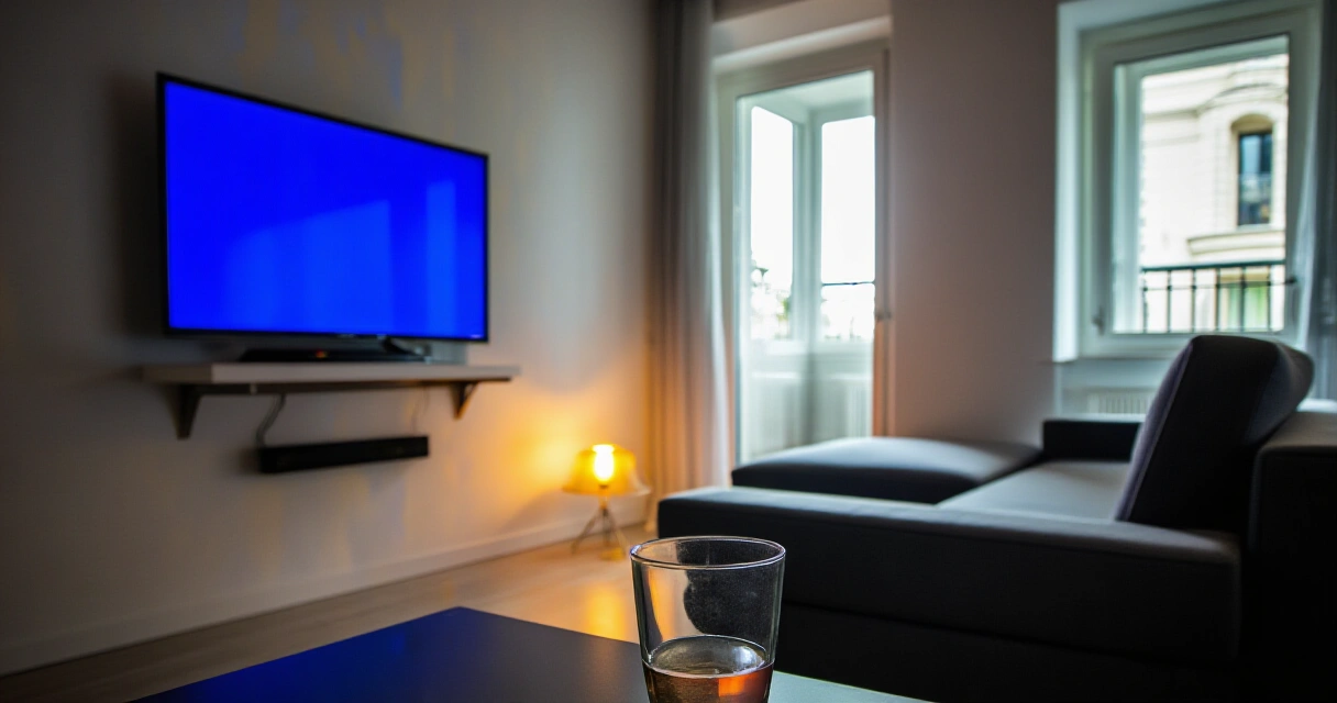 Olohuoneen televisio illalla, jossa katsotaan Huuhkajien ottelun televisiointia