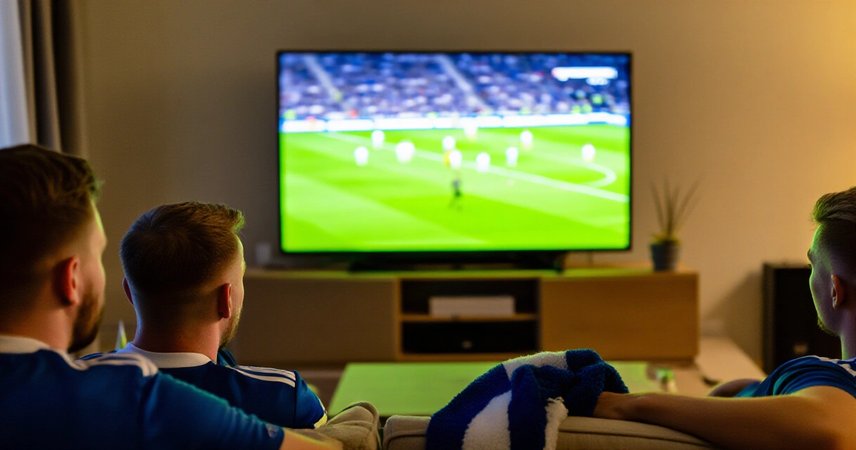 Suomalaiset jalkapallofanit katsomassa Huuhkajien ottelua televisiosta yhdessä