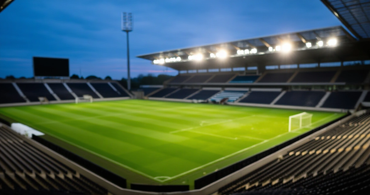 Tyhjä jalkapallostadion iltavalaistuksessa ennen ottelua