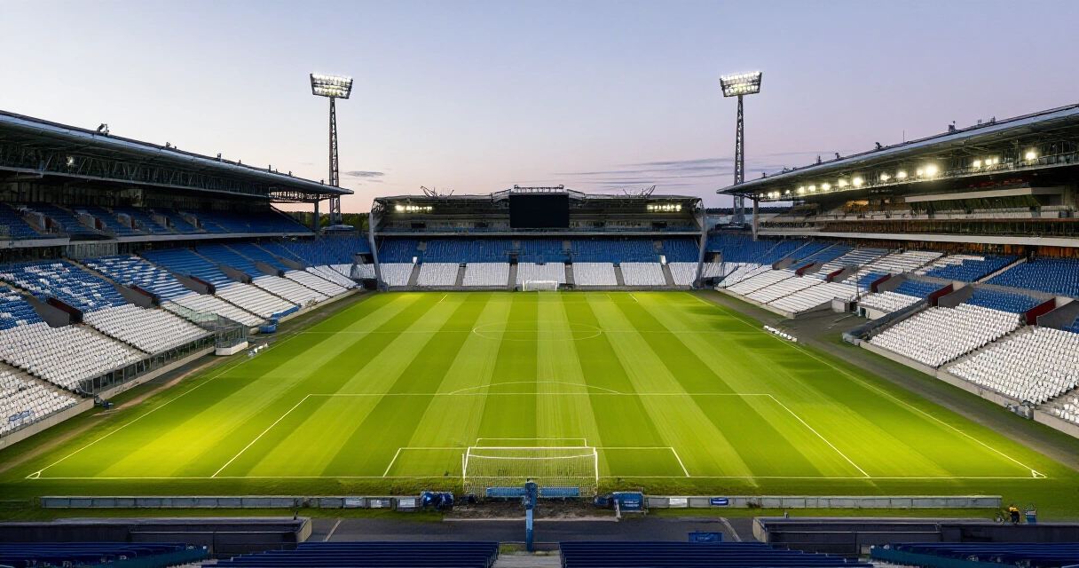 Tyhjä jalkapallostadion illalla ennen Huuhkajien tulevia otteluita